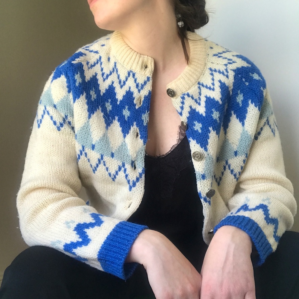 VTG Handmade Wool Cardigan Sweater Blue and Cream